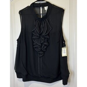 ECI New York Black Sleeveless Ruffle Front Blouse Sheer Mesh Yoke Size 22 NWT